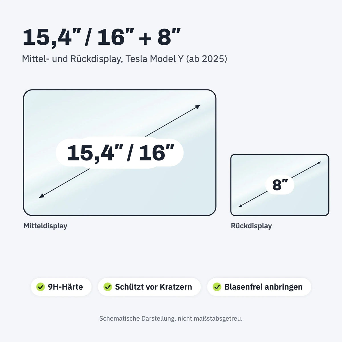 Displaygrößen 15,4 oder 16 Zoll plus 8 Zoll – Panzerglas für das Tesla Model Y (ab 2025)